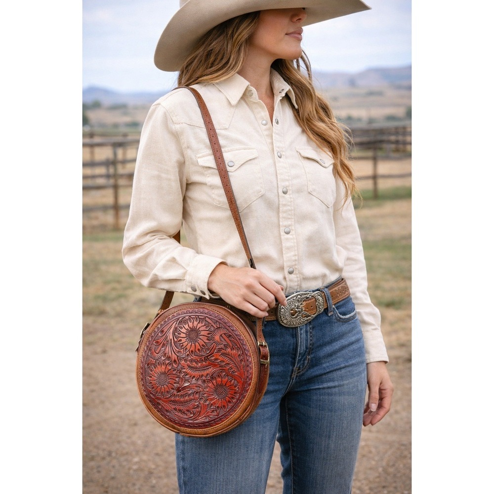 Womens Western Tooled Leather Round Canteen Crossbody Bag Brown American Darling